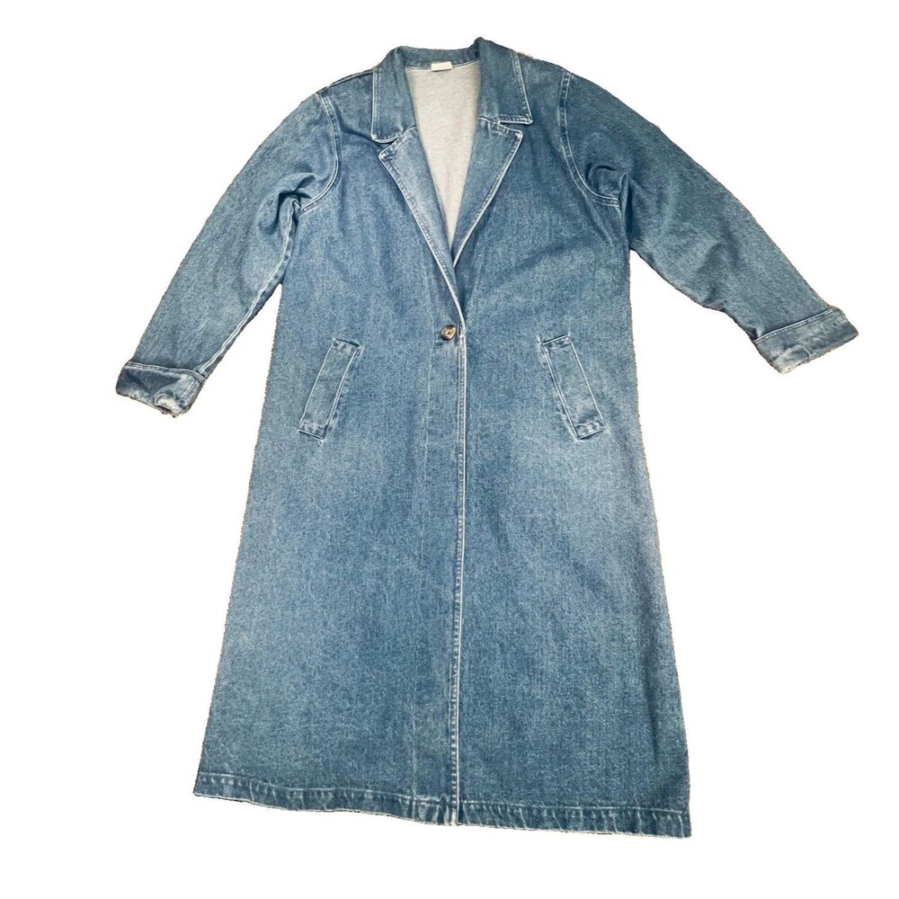 Bedford Fair Blue Denim Duster Coat Sz L Cotton Long 1 Button Vintage Maxi Retro